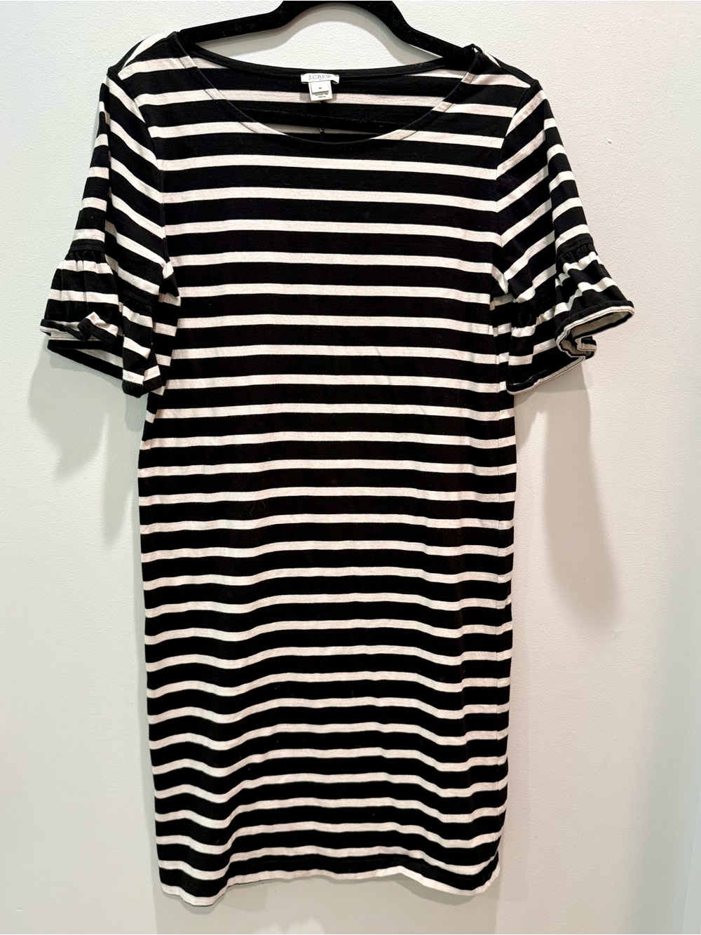 J.Crew Black White Striped Ruffle Sleeve T-Shirt Dress Size Medium 100% Cotton